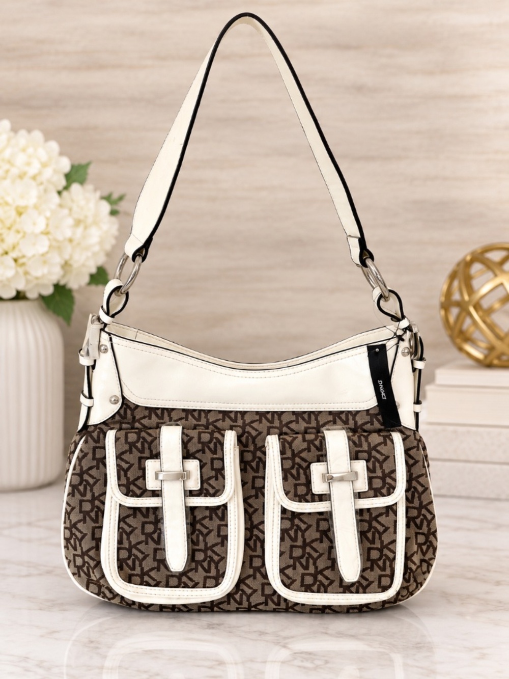 NWT DKNY vintage SHOULDER bag Y2K brown ivory logo print